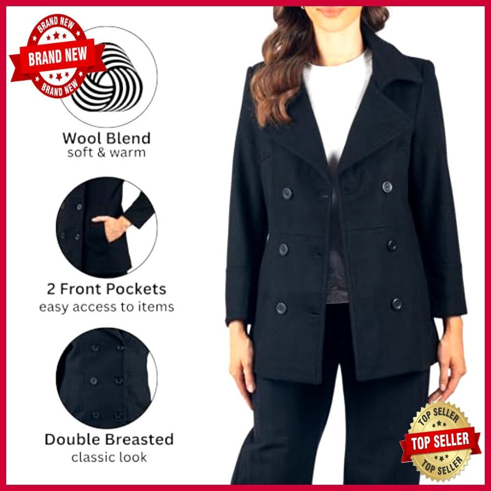 Wool Blend Peacoat Double Breasted 3/4 Length Coat Women's Outerwear - Picture 4 of 7